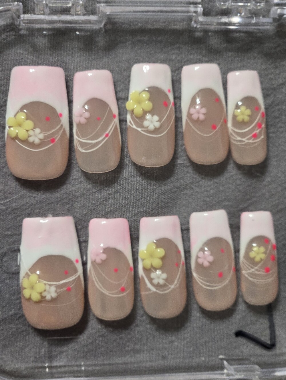 Pink & Nude Floral Press-On Nail Set, Summery, Square Medium Length